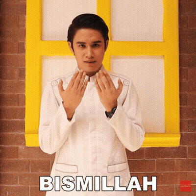 A Man Praying In Front Of A Yellow Window With The Word Bismillah On The Bottom Right GIF