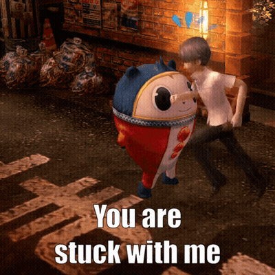 A Man Pushing A Stuffed Animal That Says " You Are Stuck With Me " GIF