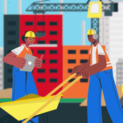 A Man Pushing A Wheelbarrow While Another Man Looks At A Tablet GIF