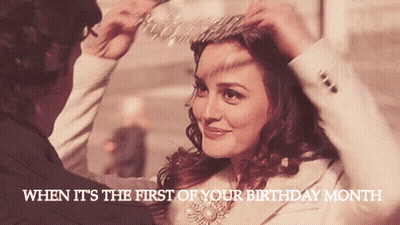 A Man Putting A Tiara On A Woman 'S Head With The Words When It 'S The First Of Your Birthday Month Below GIF