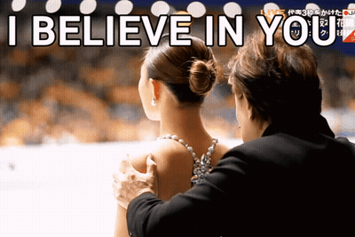 a man putting his hand on a woman 's shoulder with the words " i believe in you " behind him