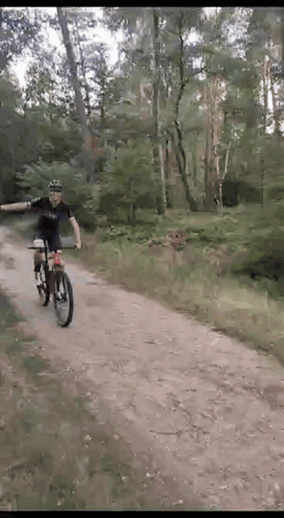 A Man Riding A Bike Down A Dirt Road In The Woods GIF
