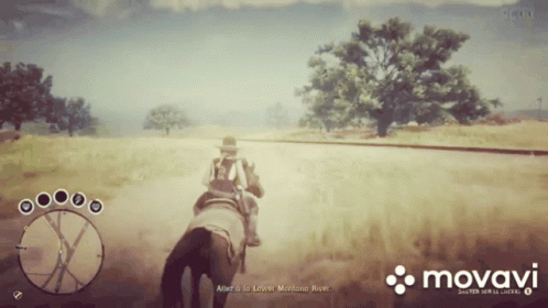 A Man Riding A Horse In A Video Game With A Movado Logo GIF
