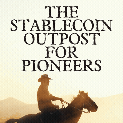 A Man Riding A Horse With The Words The Stablecoin Outpost For Pioneers Above Him GIF