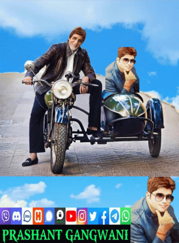 A Man Riding A Motorcycle Next To Another Man In A Sidecar With The Name Prashant Gangwani At The Top GIF