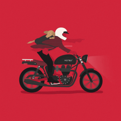 a man riding a motorcycle with a dog on his back that says ho bo on it