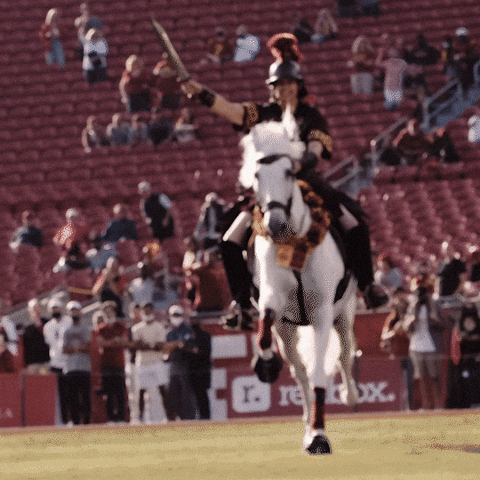 A Man Riding A White Horse Holding A Sword In Front Of A Reebok Sign GIF