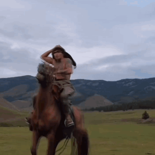 A Man Riding On The Back Of A Horse With A Bird On His Head GIF