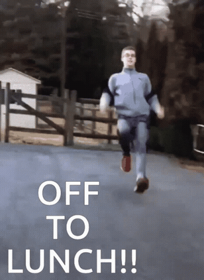 A Man Running Down A Road With The Words Off To Lunch GIF