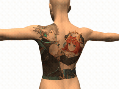 A Man 'S Back Has A Tattoo Of A Man And A Woman GIF