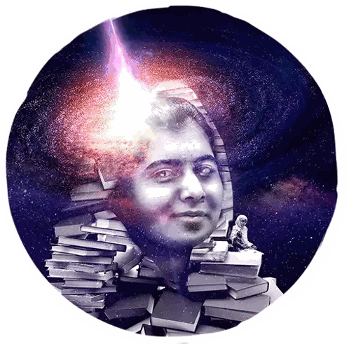 A Man 'S Face Is Surrounded By A Stack Of Books With A Galaxy In The Background Sticker