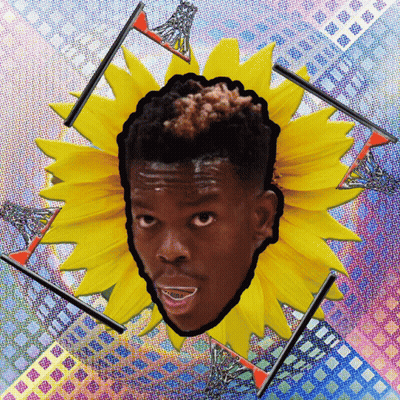 a man 's head is surrounded by a sunflower