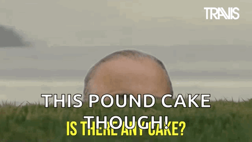 A Man 'S Head Is Visible In A Field With The Words " This Pound Cake Is There Any Cake ? " GIF