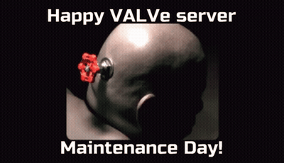 A Man 'S Head With A Valve In It And The Words Happy Valve Server Maintenance Day Below It GIF