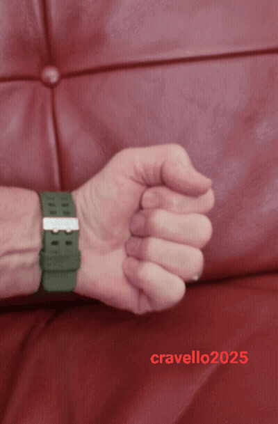A Man 'S Wrist With A Green Watch And The Year 2025 On It GIF