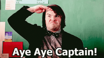 A Man Salutes In Front Of A Chalkboard With The Words Aye Aye Captain Written On It GIF
