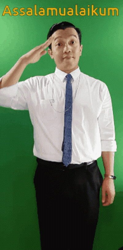 A Man Salutes In Front Of A Green Background With The Words Assalamualaikum GIF