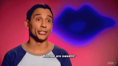 A Man Says " Bitches Are Sweatin ' " In Front Of A Blue Lip GIF