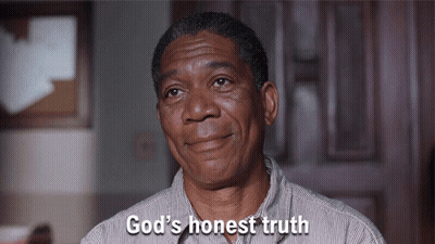 A Man Says " God 'S Honest Truth " In A Striped Shirt GIF