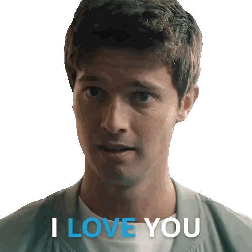 A Man Says " I Love You " In Blue Letters On A White Background GIF