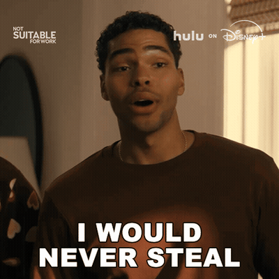 A Man Says I Would Never Steal In Front Of A Hulu Logo GIF