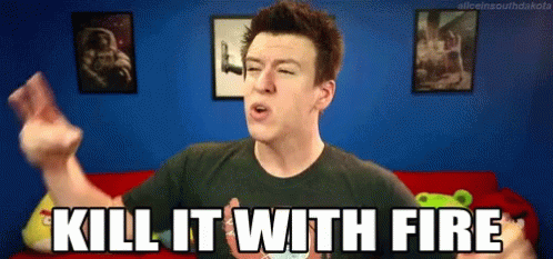 A Man Says " Kill It With Fire " In Front Of A Red Couch GIF