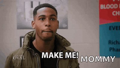 A Man Says Make Me Mommy In Front Of A Sign That Says Blood GIF