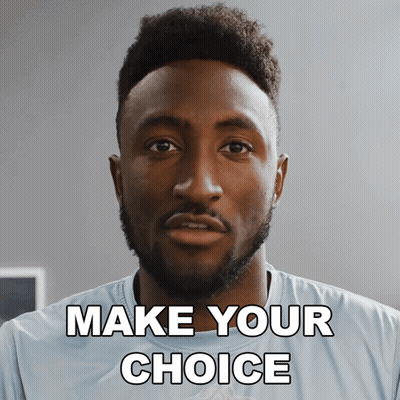 A Man Says " Make Your Choice " In White Letters On A Grey Background GIF