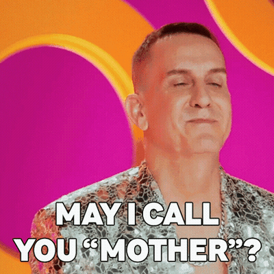 A Man Says May I Call You Mother On A Pink Background GIF