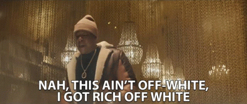 A Man Says Nah This Ain 'T Off White I Got Rich Off White In Front Of A Chandelier GIF