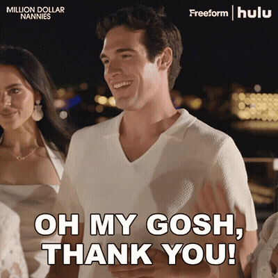 A Man Says " Oh My Gosh Thank You " In Front Of A Woman GIF