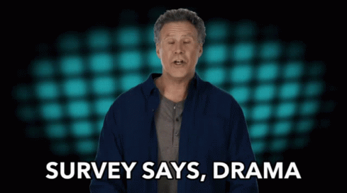 A Man Says " Survey Says Drama " In Front Of A Checkered Background GIF