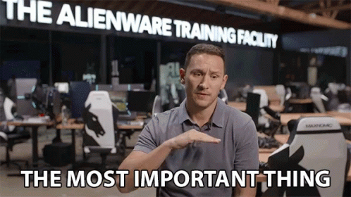 A Man Says " The Most Important Thing " In Front Of A Sign That Says The Alienware Training Facility GIF