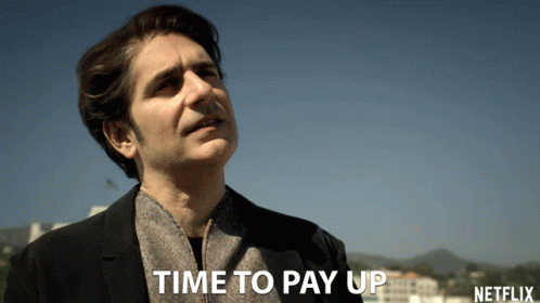 A Man Says Time To Pay Up In Front Of A Blue Sky GIF