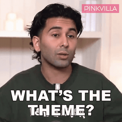 A Man Says " What 'S The Theme " In Front Of A Pink Villa Logo GIF