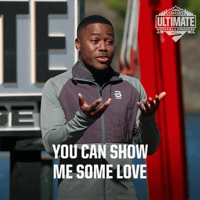 A Man Says You Can Show Me Some Love In Front Of A Sign That Says Ultimate Challenge GIF