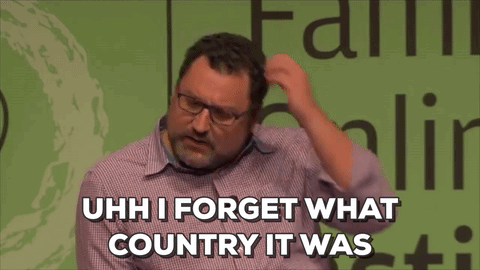 A Man Scratching His Head With The Words Uhh I Forget What Country It Was Below Him GIF