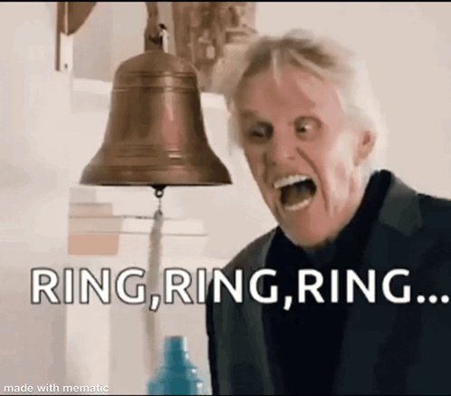 A Man Screaming In Front Of A Bell With The Words Ring Ring Ring GIF