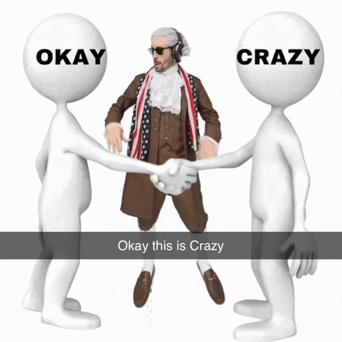 A Man Shaking Hands With Another Man With Okay And Crazy On Their Heads GIF
