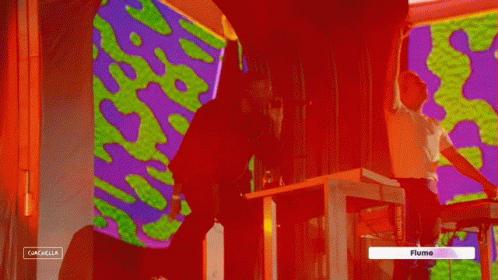 A Man Singing Into A Microphone Next To A Man Playing A Keyboard And A Sign That Says Flume GIF