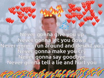 A Man Singing Into A Microphone With Hearts Around Him And The Words Never Gonna Give You Up GIF