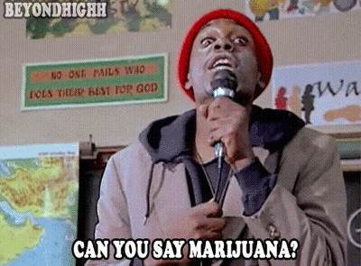 A Man Singing Into A Microphone With The Words " Can You Say Marijuana " Above Him GIF