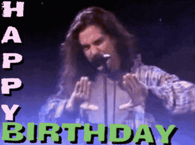 A Man Singing Into A Microphone With The Words Happy Birthday Written In Green GIF