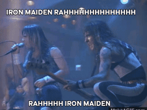 A Man Singing Into A Microphone With The Words Iron Maiden Written On The Bottom GIF