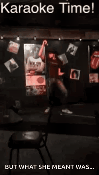 A Man Singing Into A Microphone With The Words Karaoke Time But What She Meant Was Written Below Him GIF