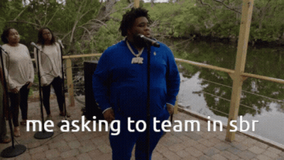 A Man Singing Into A Microphone With The Words " Me Asking To Team In Sbr " On The Bottom GIF