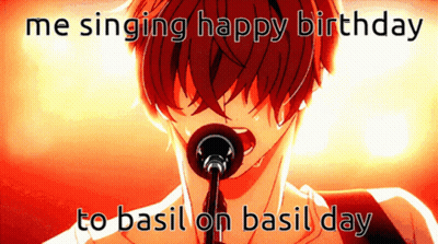 A Man Singing Into A Microphone With The Words Me Singing Happy Birthday To Basil On Basil Day Below Him GIF