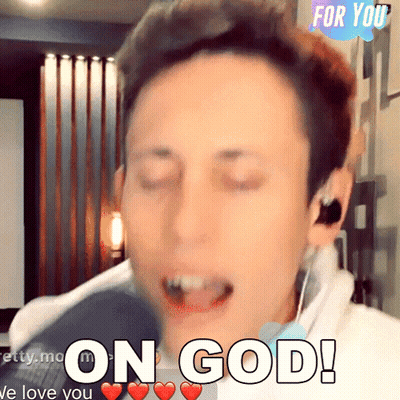 A Man Singing Into A Microphone With The Words " On God " Written Above Him GIF