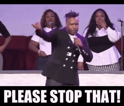 A Man Singing Into A Microphone With The Words Please Stop That Written Below Him GIF