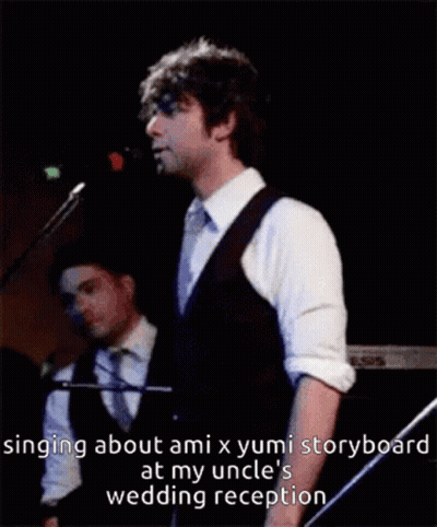 A Man Singing Into A Microphone With The Words Singing About Ami X Yumi Storyboard At My Uncle 'S Wedding Reception Belo GIF